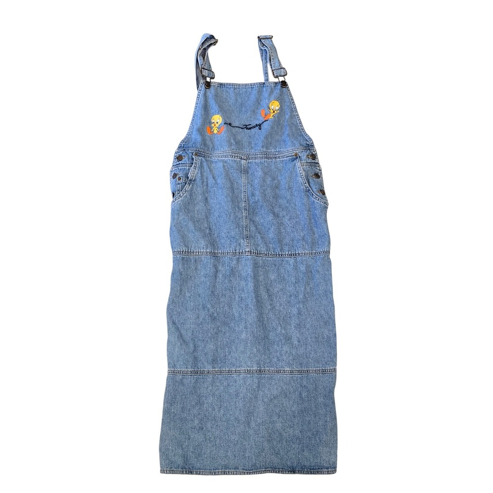 Vintage Warner Bros Tweety Bird Denim Pinafore Dress Womens Medium Looney Tunes